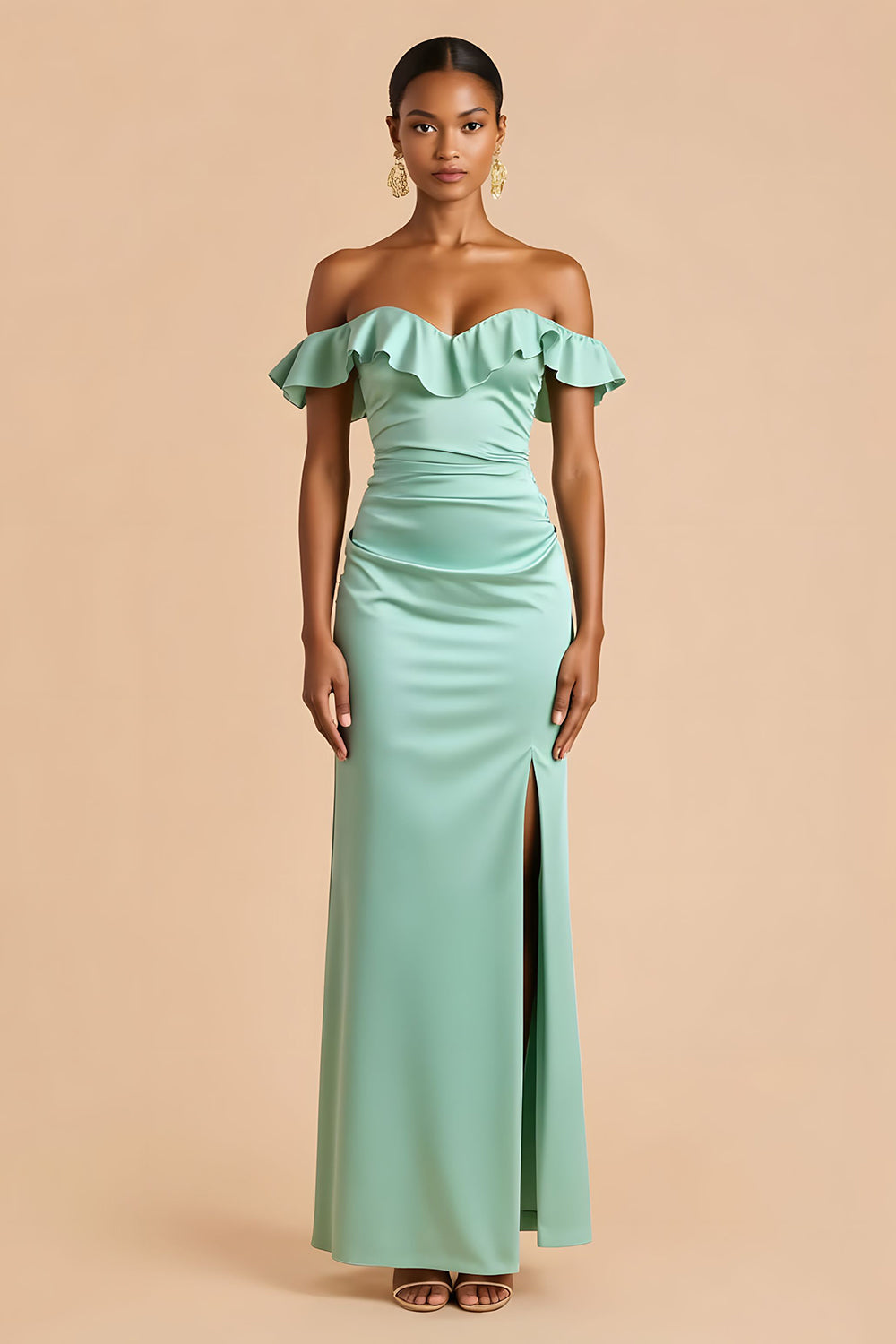 Mintgrünes Schulterfreies Brautjungfernkleid aus Satin