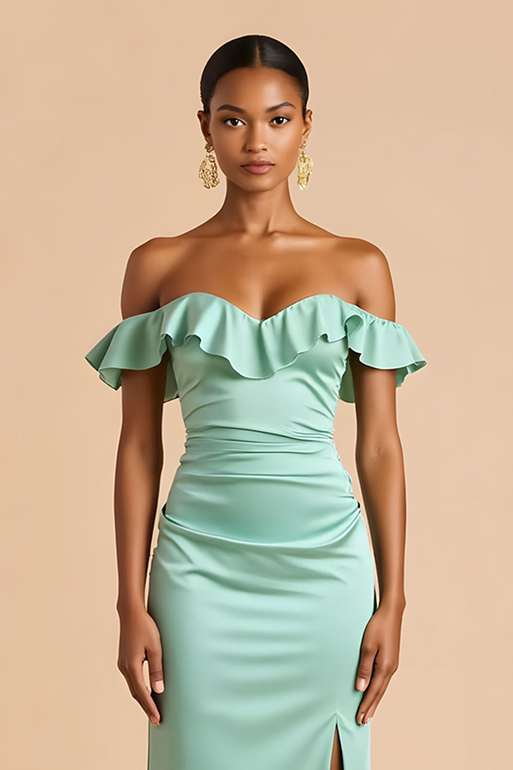 Mintgrünes Schulterfreies Brautjungfernkleid aus Satin