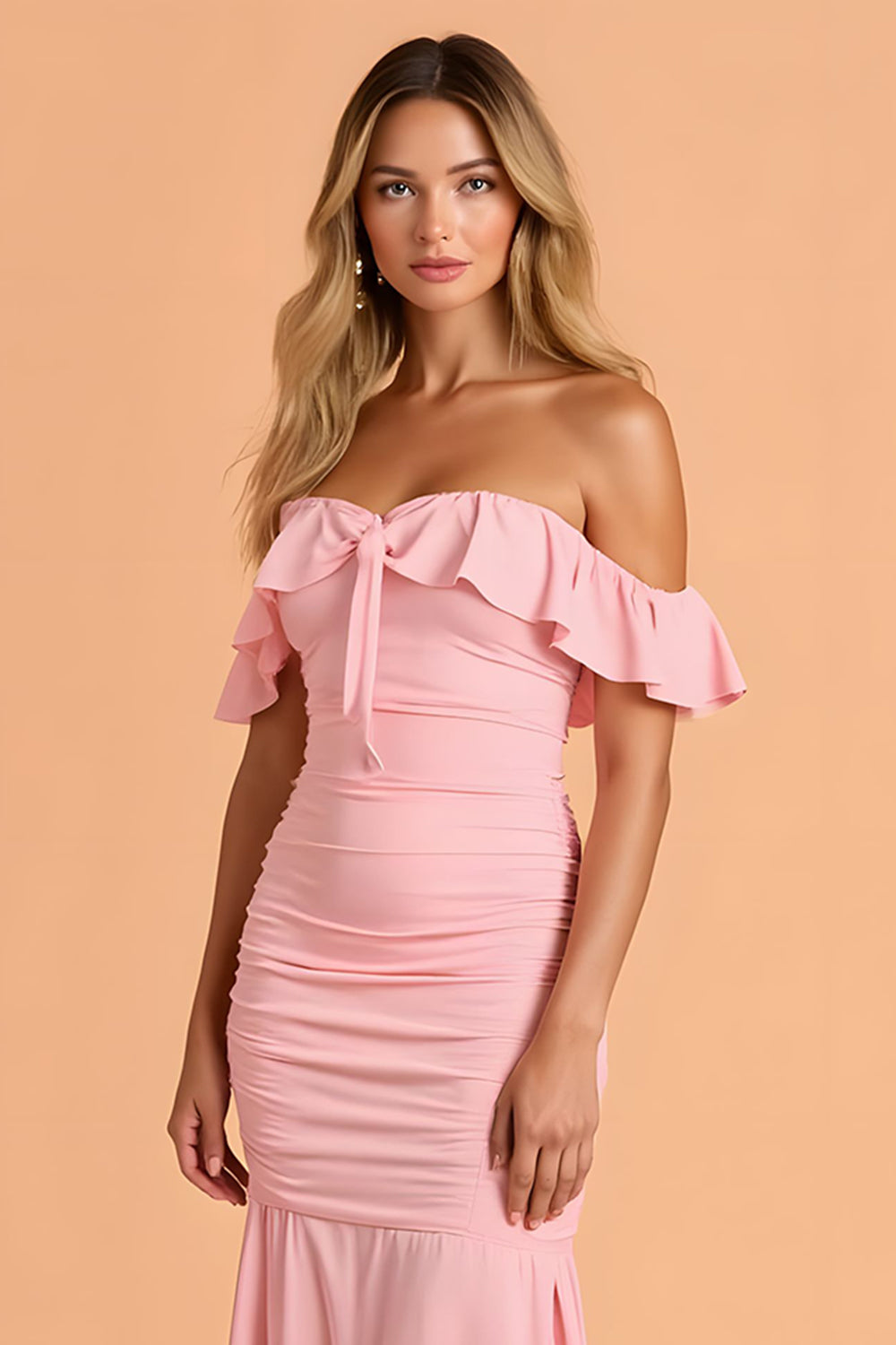 Blush Mermaid Gerafftes Maxi Brautjungfernkleid mit Rüschen