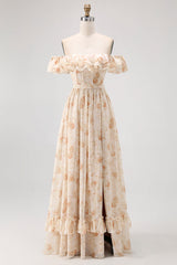 Champagner Blumen Schulterfreies Korsett A-Linie Brautjungfernkleid mit Schlitz