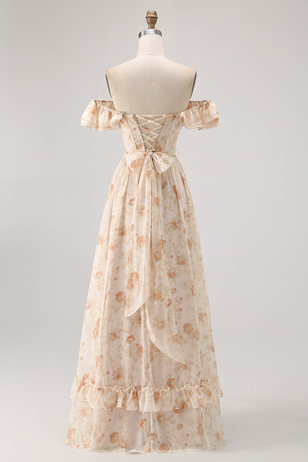 Champagner Blumen Schulterfreies Korsett A-Linie Brautjungfernkleid mit Schlitz