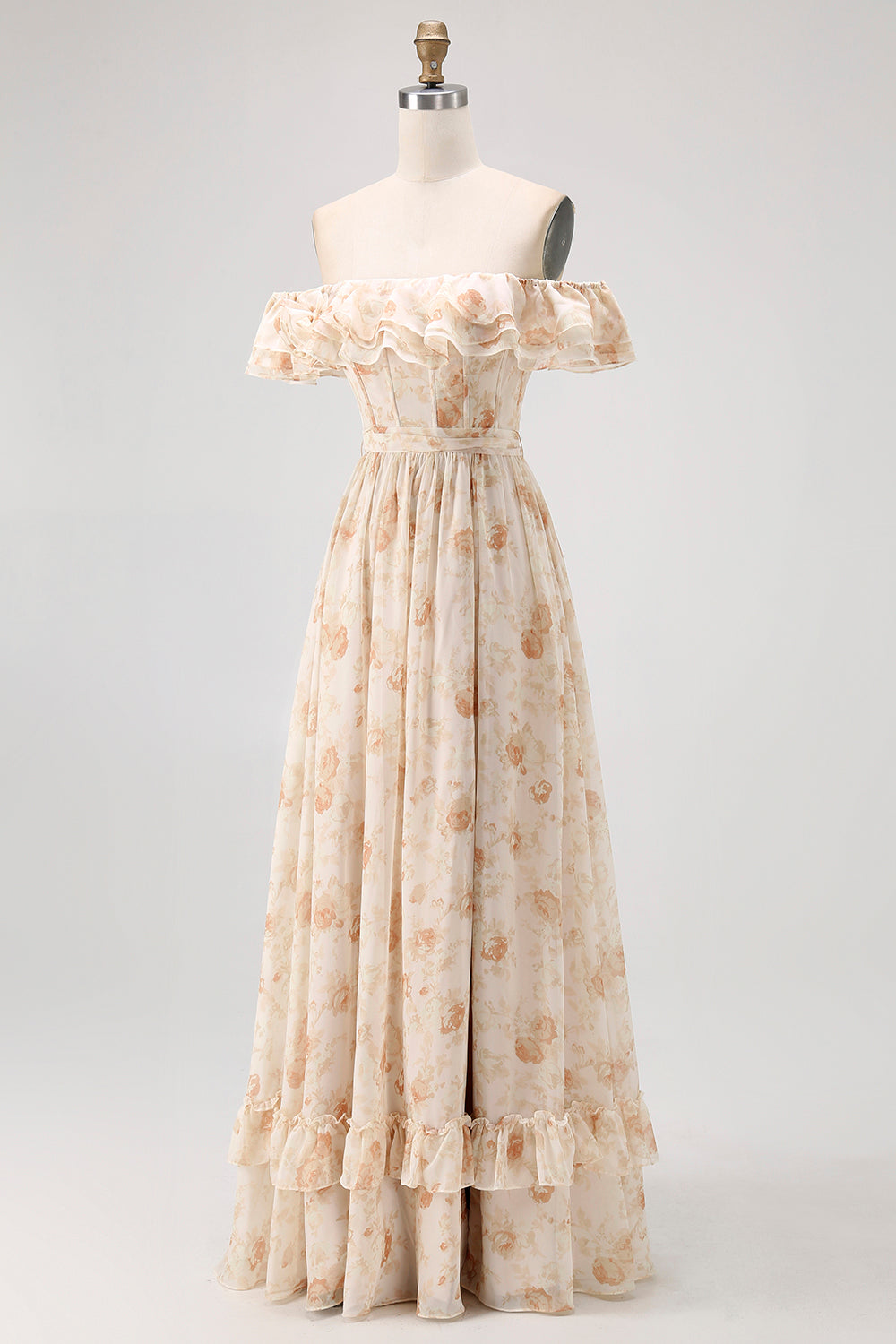Champagner Blumen Schulterfreies Korsett A-Linie Brautjungfernkleid mit Schlitz