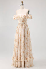 Champagner Blumen Schulterfreies Korsett A-Linie Brautjungfernkleid mit Schlitz