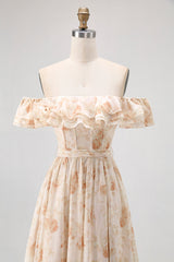 Champagner Blumen Schulterfreies Korsett A-Linie Brautjungfernkleid mit Schlitz