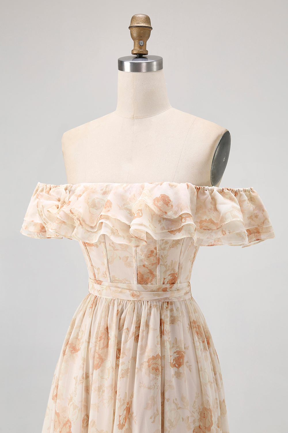 Champagner Blumen Schulterfreies Korsett A-Linie Brautjungfernkleid mit Schlitz