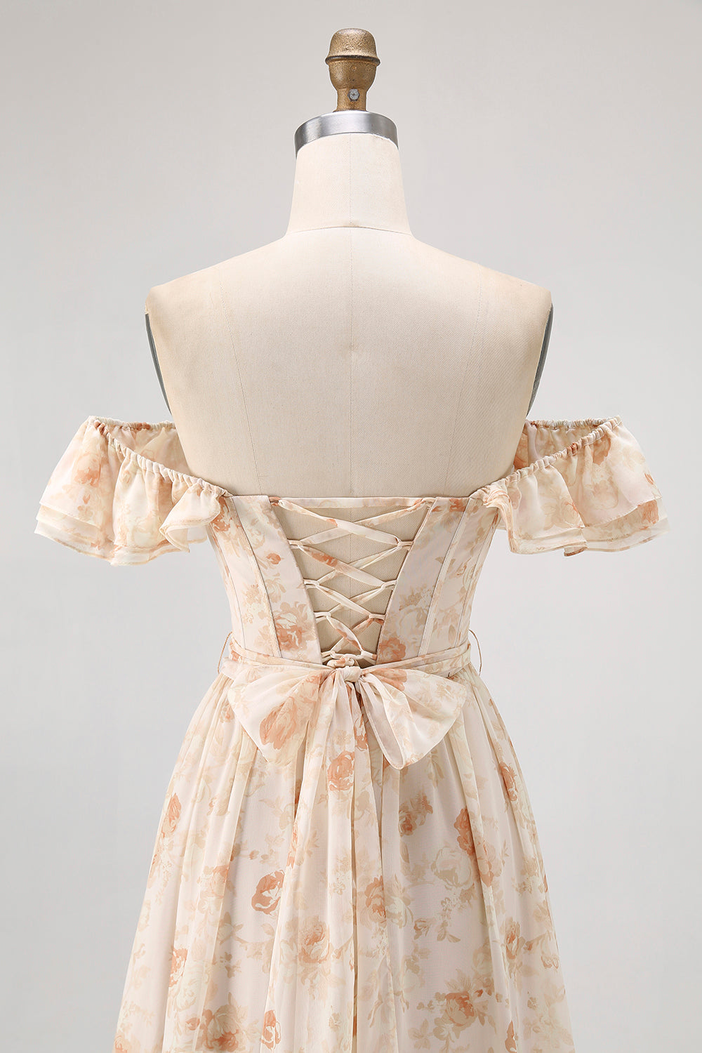 Champagner Blumen Schulterfreies Korsett A-Linie Brautjungfernkleid mit Schlitz