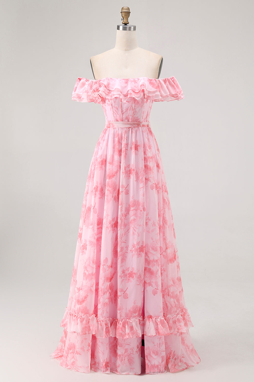 Champagner Blumen Schulterfreies Korsett A-Linie Brautjungfernkleid mit Schlitz