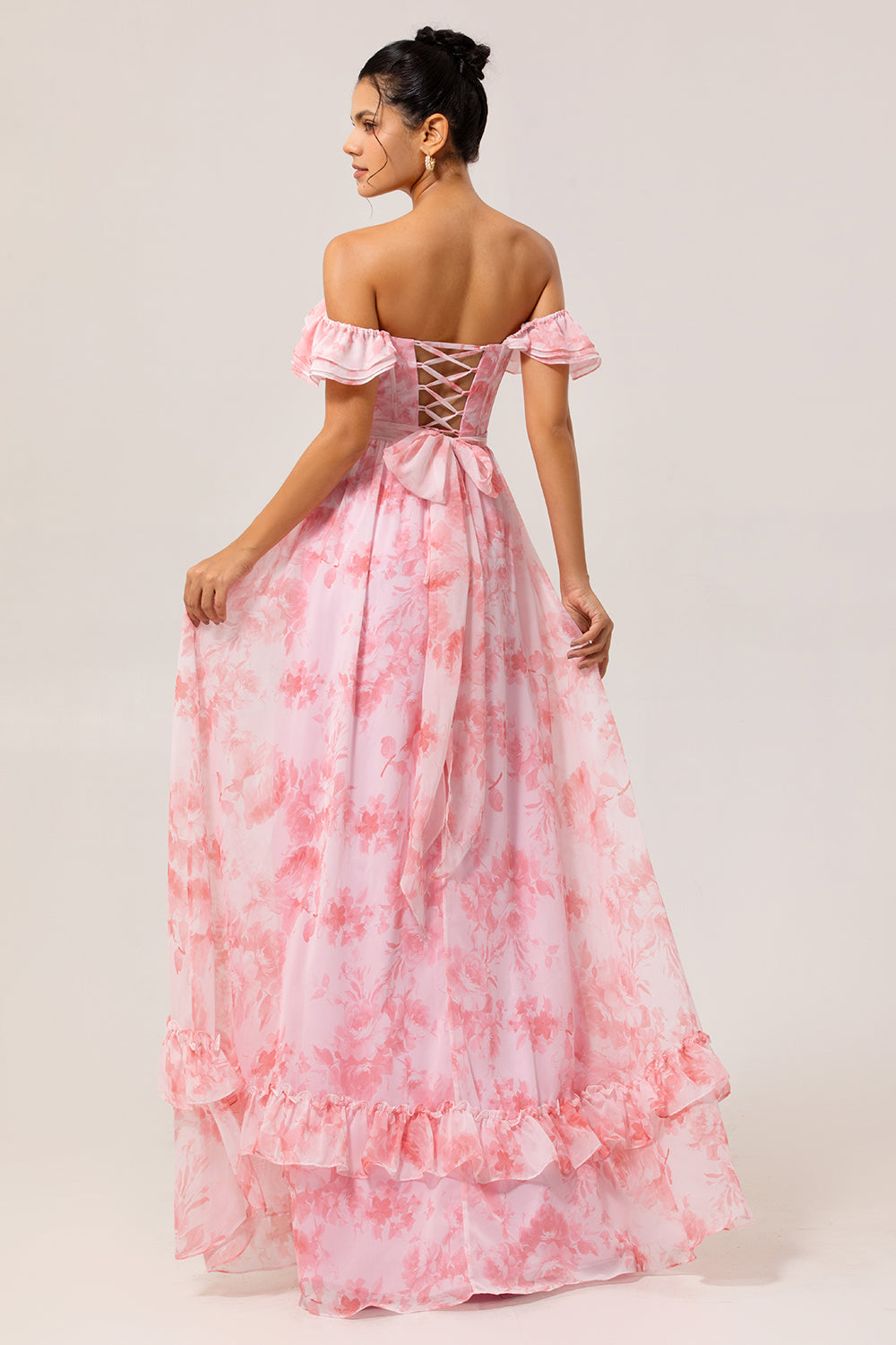 Champagner Blumen Schulterfreies Korsett A-Linie Brautjungfernkleid mit Schlitz