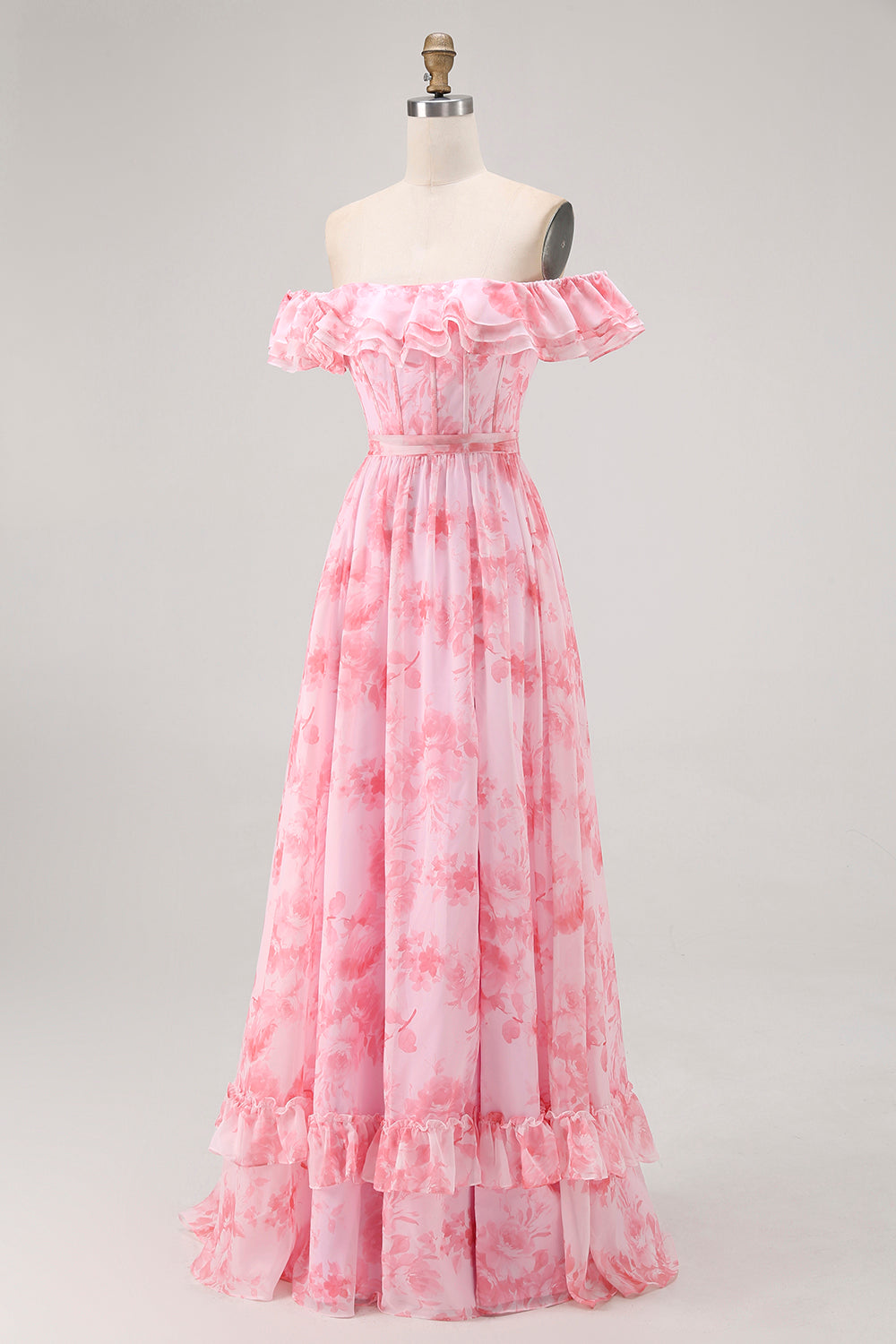 Champagner Blumen Schulterfreies Korsett A-Linie Brautjungfernkleid mit Schlitz