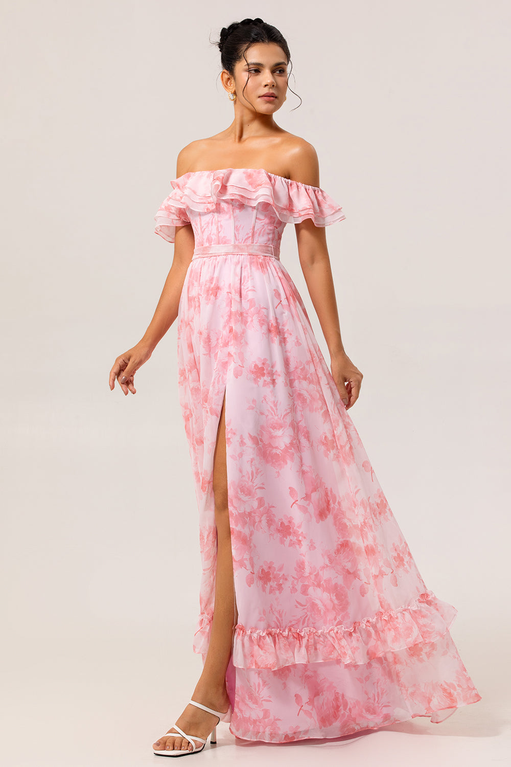 Champagner Blumen Schulterfreies Korsett A-Linie Brautjungfernkleid mit Schlitz