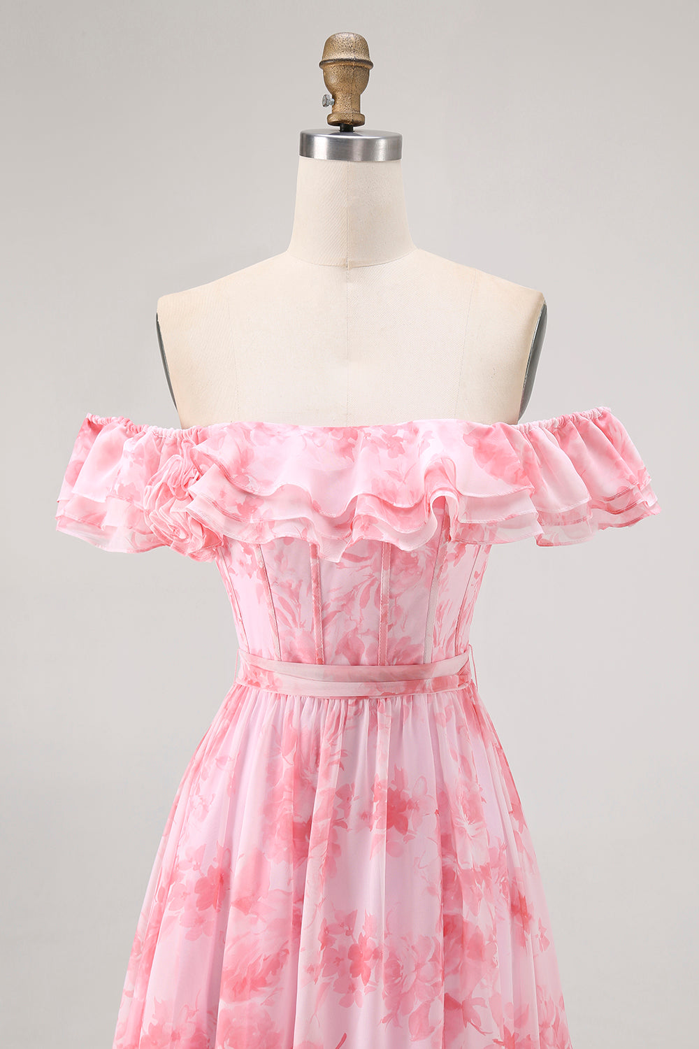 Champagner Blumen Schulterfreies Korsett A-Linie Brautjungfernkleid mit Schlitz