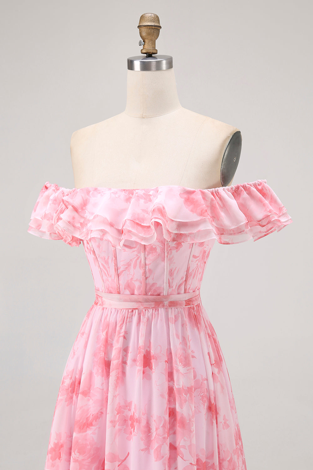 Champagner Blumen Schulterfreies Korsett A-Linie Brautjungfernkleid mit Schlitz