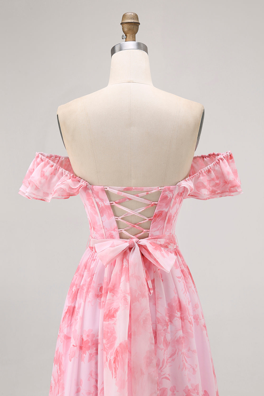 Champagner Blumen Schulterfreies Korsett A-Linie Brautjungfernkleid mit Schlitz