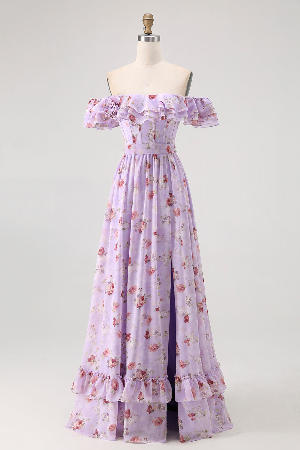 Champagner Blumen Schulterfreies Korsett A-Linie Brautjungfernkleid mit Schlitz