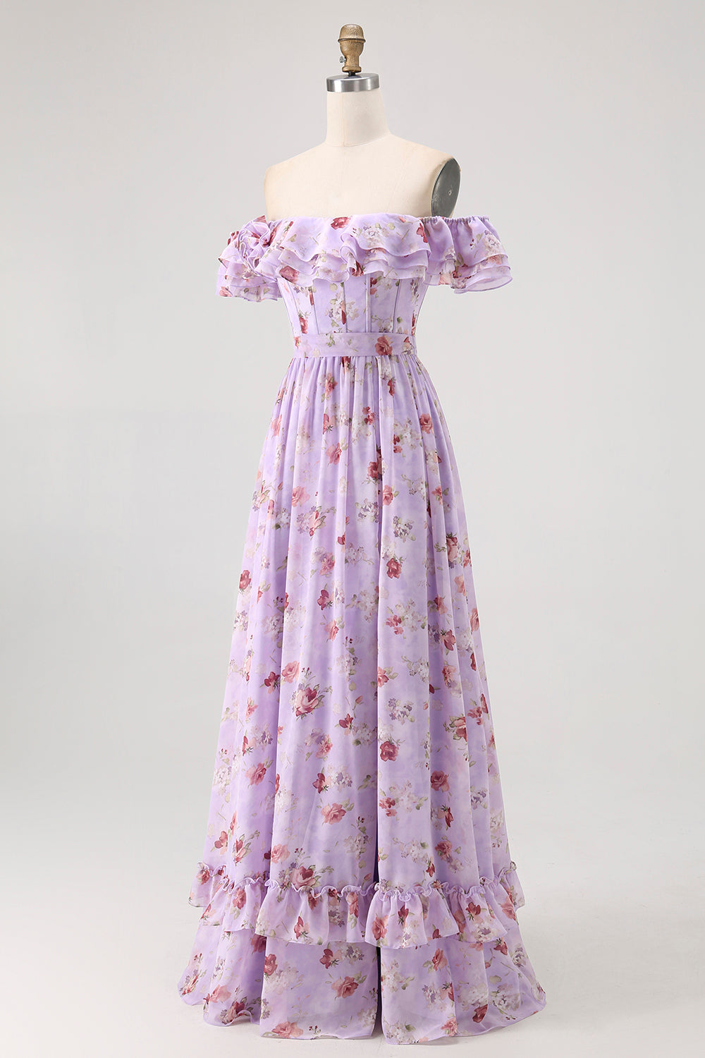 Champagner Blumen Schulterfreies Korsett A-Linie Brautjungfernkleid mit Schlitz