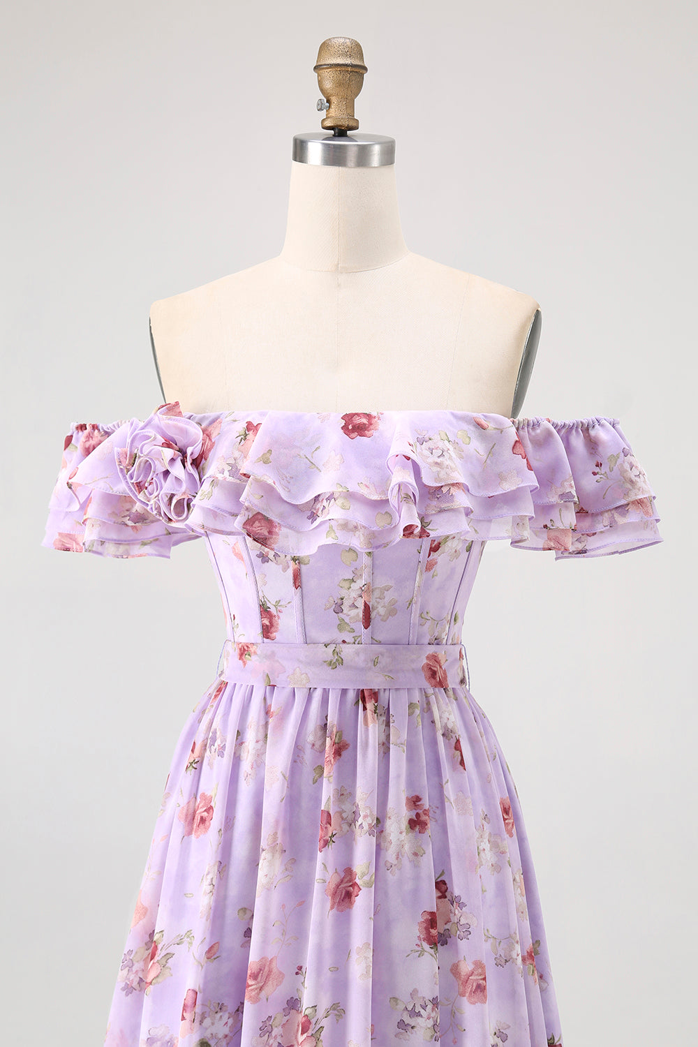 Champagner Blumen Schulterfreies Korsett A-Linie Brautjungfernkleid mit Schlitz