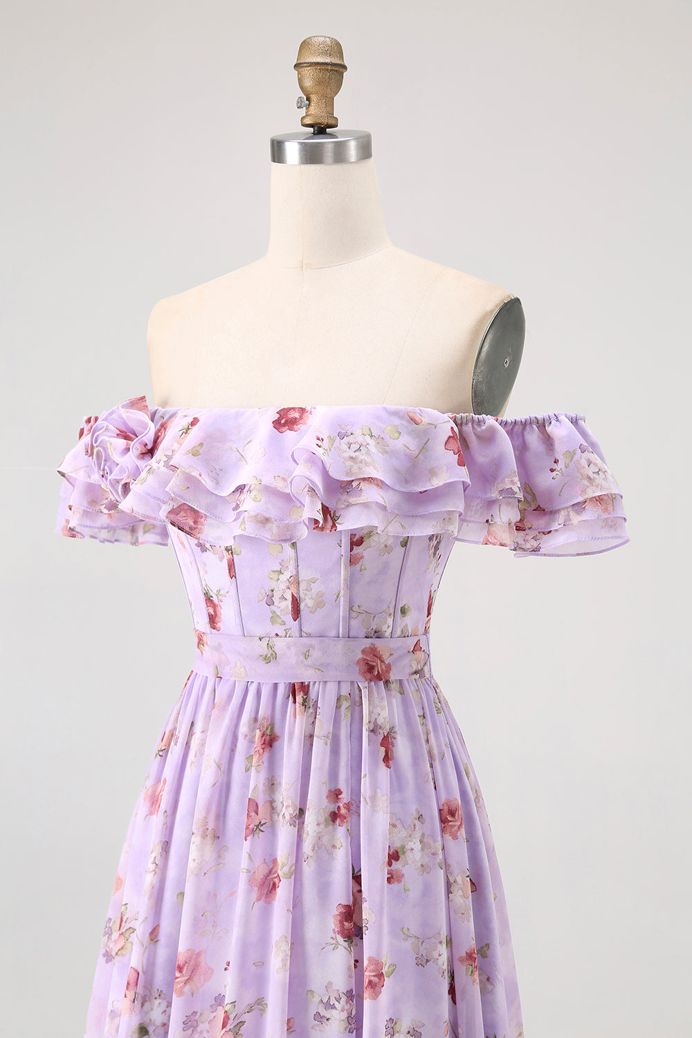 Champagner Blumen Schulterfreies Korsett A-Linie Brautjungfernkleid mit Schlitz