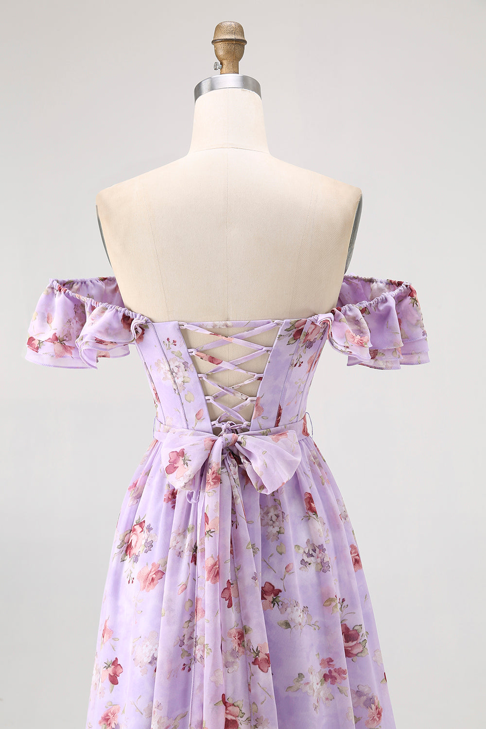 Champagner Blumen Schulterfreies Korsett A-Linie Brautjungfernkleid mit Schlitz