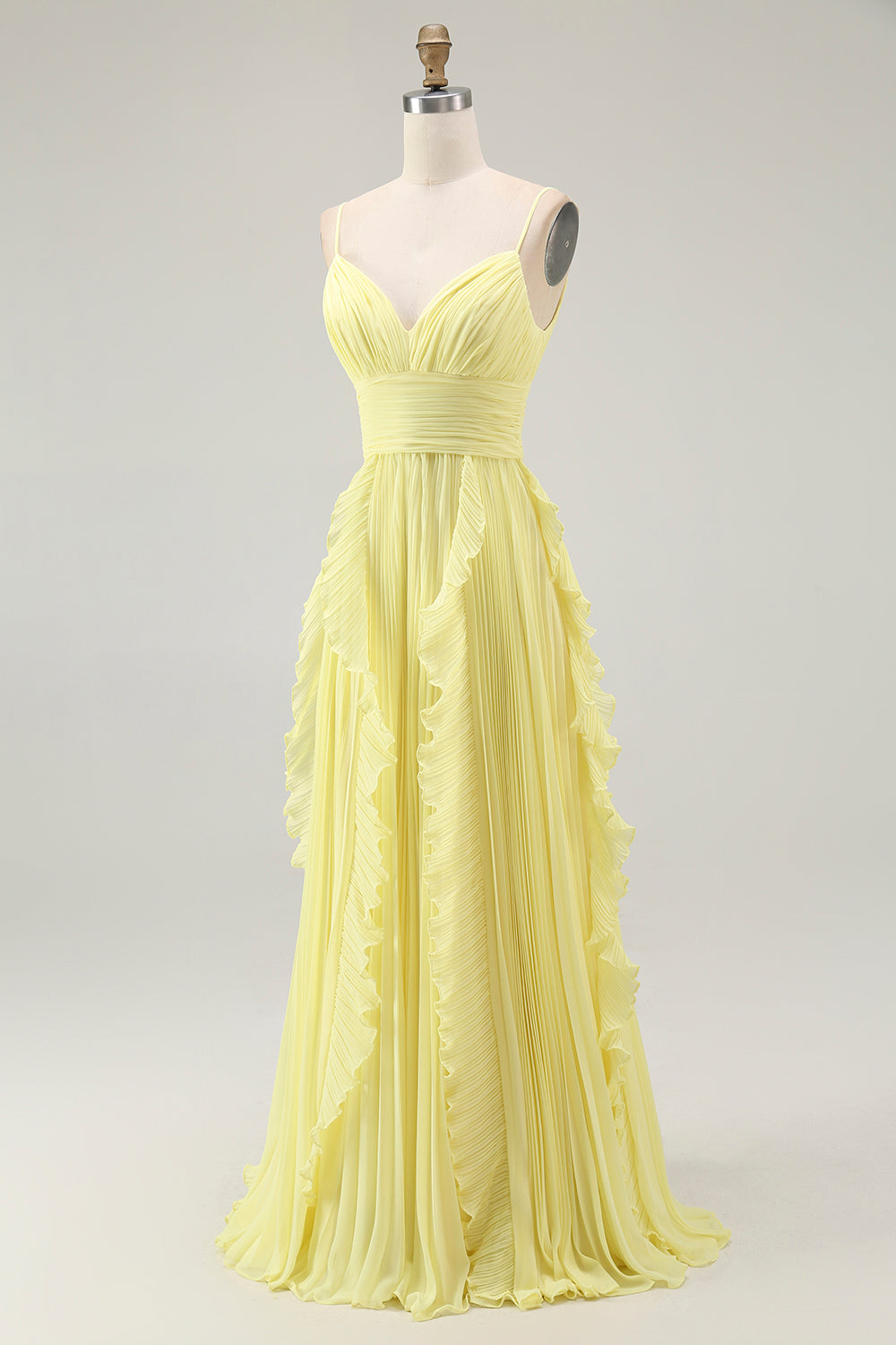 Gelbes A-Linie Chiffon Brautjungfernkleid mit Spaghettiträgern und Rüschen