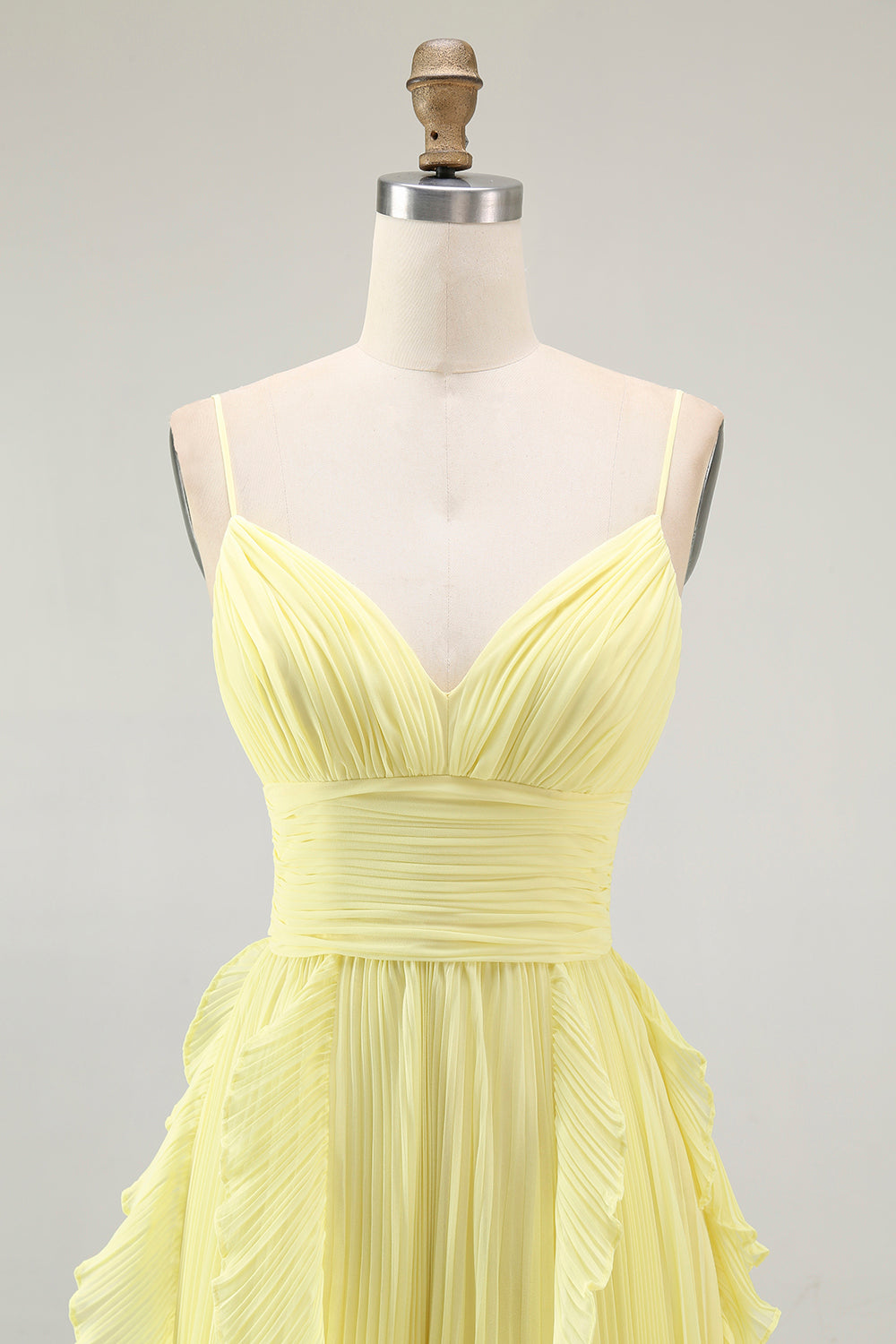 Gelbes A-Linie Chiffon Brautjungfernkleid mit Spaghettiträgern und Rüschen