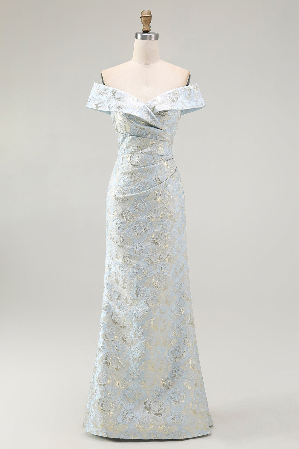 Schulterfreies Blaues Jacquard Meerjungfrauen Ballkleid mit Blumenmuster und Rüschen