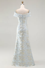 Schulterfreies Blaues Jacquard Meerjungfrauen Ballkleid mit Blumenmuster und Rüschen