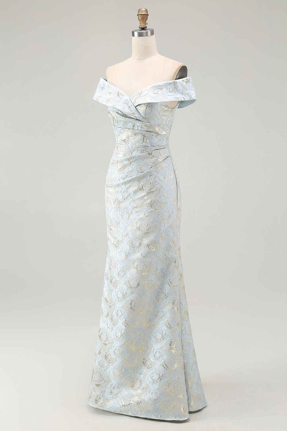 Schulterfreies Blaues Jacquard Meerjungfrauen Ballkleid mit Blumenmuster und Rüschen