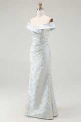 Schulterfreies Blaues Jacquard Meerjungfrauen Ballkleid mit Blumenmuster und Rüschen