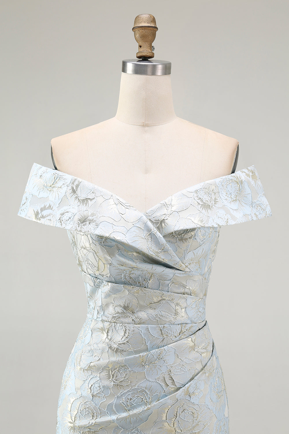Schulterfreies Blaues Jacquard Meerjungfrauen Ballkleid mit Blumenmuster und Rüschen
