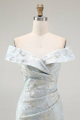Schulterfreies Blaues Jacquard Meerjungfrauen Ballkleid mit Blumenmuster und Rüschen