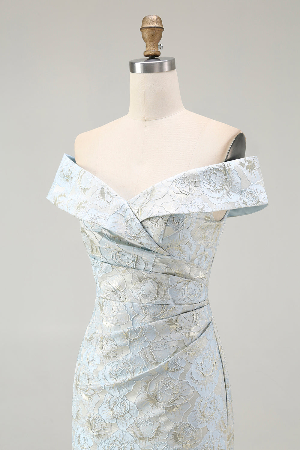 Schulterfreies Blaues Jacquard Meerjungfrauen Ballkleid mit Blumenmuster und Rüschen