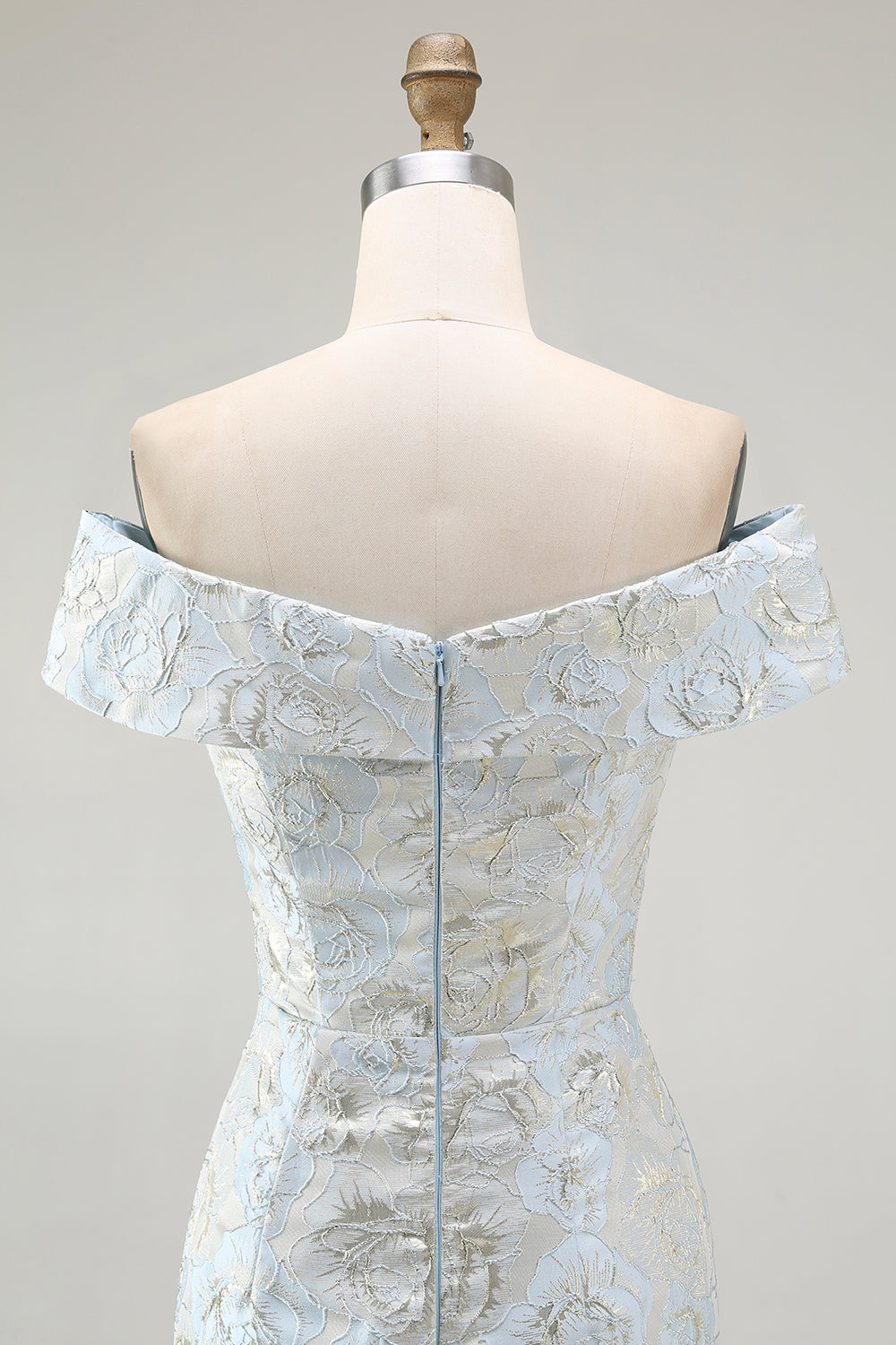 Schulterfreies Blaues Jacquard Meerjungfrauen Ballkleid mit Blumenmuster und Rüschen