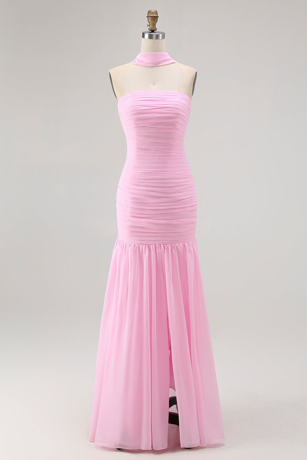 Blush Trägerloses Gerafftes Langes Brautjungfernkleid mit Schlitz
