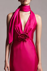 Fuchsia Etui Midikleid aus Satin mit Blumenmuster
