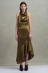 Olive Satin Etui Langes Ballkleid mit Rüschen
