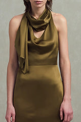 Olive Satin Etui Langes Ballkleid mit Rüschen