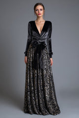 Glitzerndes Schwarzes Pailletten Ballkleid mit A-Linie Pailletten und Schleife