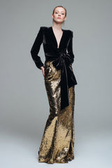 Glitzerndes Schwarzes und Goldenes Etui Pailletten Langes Ballkleid mit Schleife