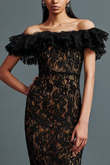 Schwarzes Langes Ballkleid aus Spitze mit Rüschen