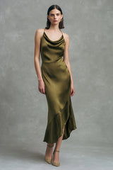 Olive Satin Langes Ballkleid mit Rüschen und Wasserfallausschnitt