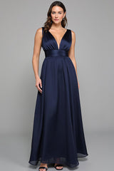 Marineblaues Langes Ballkleid aus Chiffon in A-Linie mit V-Ausschnitt
