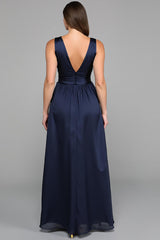 Marineblaues Langes Ballkleid aus Chiffon in A-Linie mit V-Ausschnitt