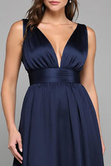Marineblaues Langes Ballkleid aus Chiffon in A-Linie mit V-Ausschnitt