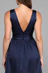 Marineblaues Langes Ballkleid aus Chiffon in A-Linie mit V-Ausschnitt