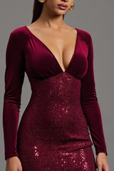 Glitzerndes Burgunderrotes Etui Pailletten Langes Ballkleid mit Schlitz