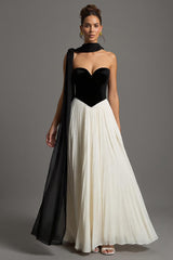 Schwarz Weißes Langes Ballkleid aus Chiffon in A-Linie