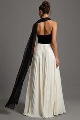 Schwarz Weißes Langes Ballkleid aus Chiffon in A-Linie