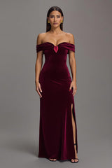 Burgunderrotes Schulterfreies Langes Ballkleid aus Samt mit Schlitz