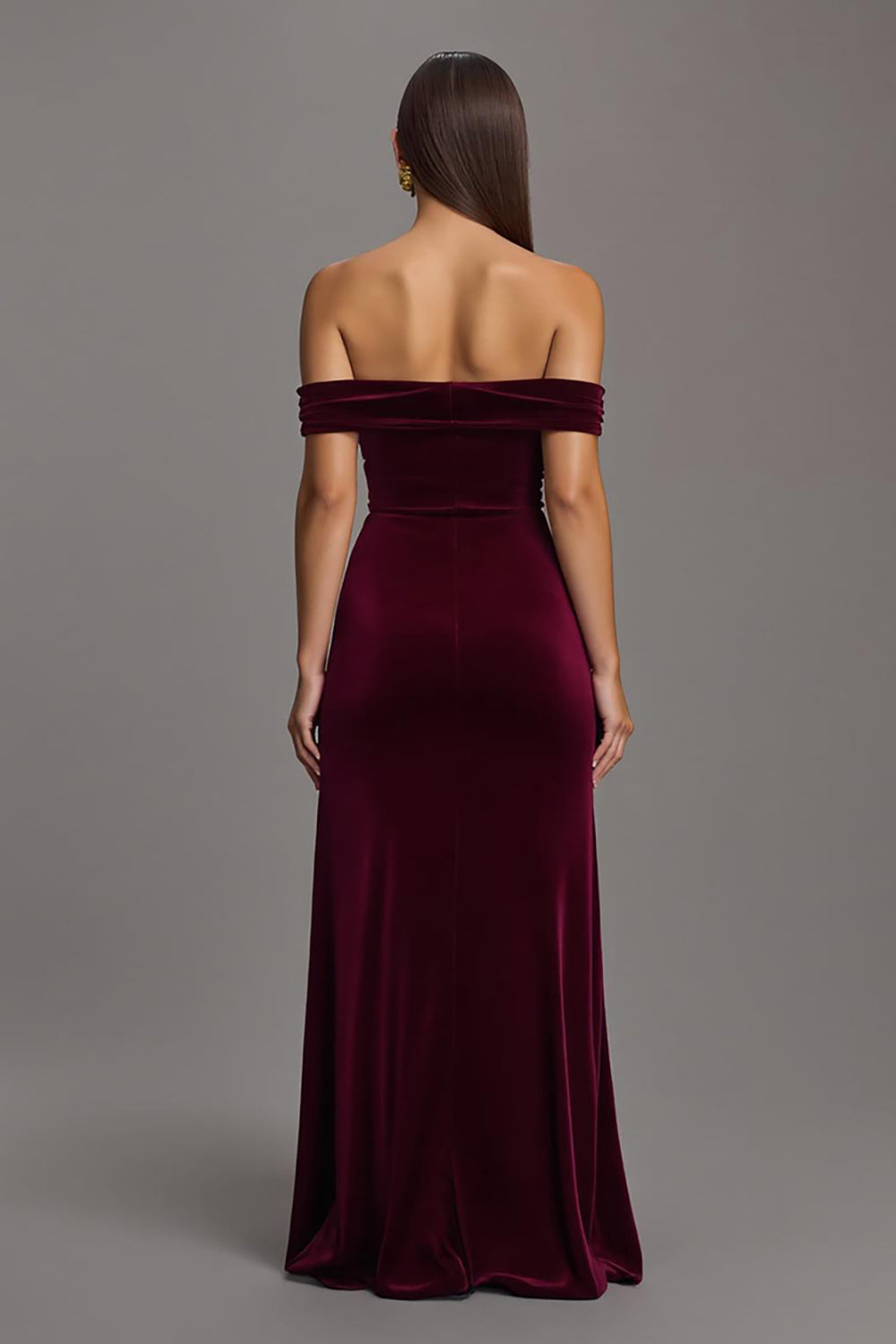 Burgunderrotes Schulterfreies Langes Ballkleid aus Samt mit Schlitz