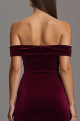 Burgunderrotes Schulterfreies Langes Ballkleid aus Samt mit Schlitz
